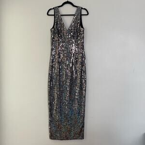 Vintage Y2K Adrianna Papell Sequined Iridescent V- Neck Sleeveless Maxi Dress 12